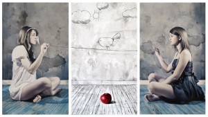 ELISA ANFUSO_Potrebbe volare ma non vola, potrebbe cadere ma non cade_2011_Olio e pastelli su tela_trittico cm 120x180