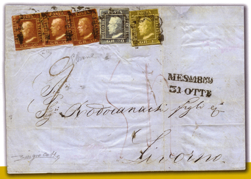 lettera Sicilia 1859 affrancata con tre es 50 grana