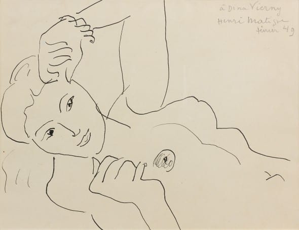 Henri MATISSE (Cateau-Cambrésis,1869-Nice,1954) DINA TORSE, 1941 Dessin à l'encre sur papier dédicacé et titré en haut à droite "à Dina Vierny Henri Matisse février 49" 19 x 26 cm Provenance : Collection Dina Vierny, Paris Est :40 000-60 000€