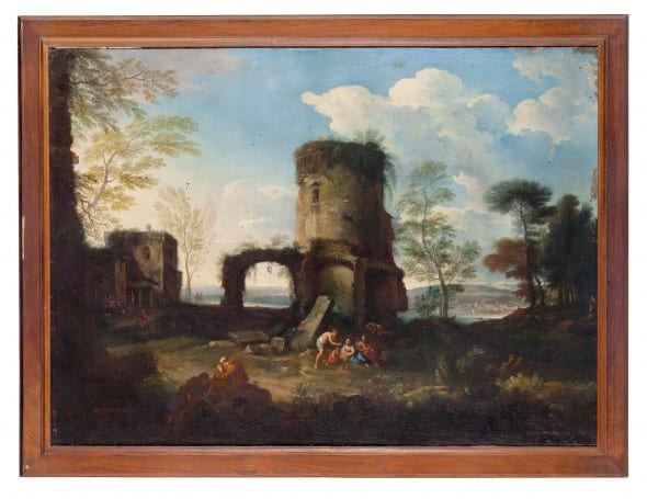 CARLO ANTONIO TAVELLA PAESAGGIO BUCOLICO CON ROVINE E CONTADINI