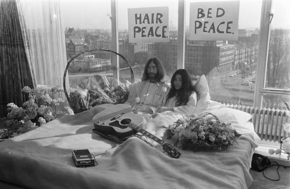 Yoko Ono and John Lennon during the "Bed-in" in Amsterdam, 1969