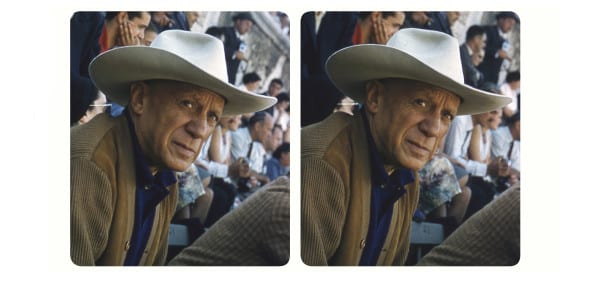 Pablo Picasso at the bull-ring in Arles wearing the white Stetson  given to him by Gary Cooper. © Elizabeth Mouzillat Jowett