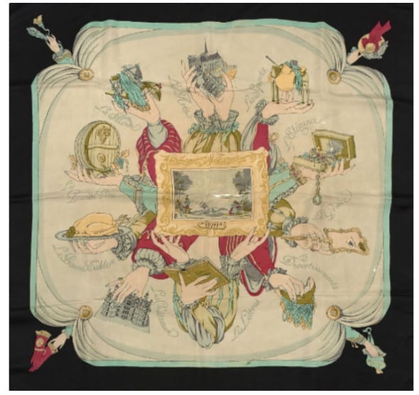 HERMES Paris Rare et beau carré en soie imprimée, titré "Plaisir de France", dessin de 1952 par H. Grygkar, à bordure noire. En l'état (usures, salissures, trou important au centre). Rare and beautiful silk twill scarf, titled "Plaisir de France", drawing from 1952 by H. Grygkar, black edging. As is it (used condition, spots, holes). Estimation 200 - 300 €