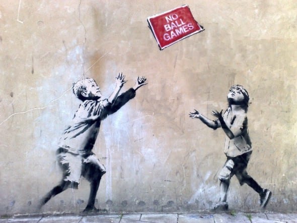 Banksy’s No Ball Games.  L'opera era stimata £1milione all'asta Stealing Banksy che avrebbe dovuto svolgersi il 27 aprile 2014.