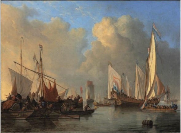 Dutch States Yacht, a smalschip, a Rhine ark and other vessels in a calm, 1673, oil on canvas, by Willem van de Velde II (1633-1707) (estimate: £180,000 to £250,000