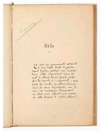 Victor Segalen, Stèles, manuscrit autographe (1910, 1911), 66 pages, sur des feuillets montés sur onglets et reliés en un volume petit in-folio Estimation : 150 000-200 000 € VENDU : 212 600 €