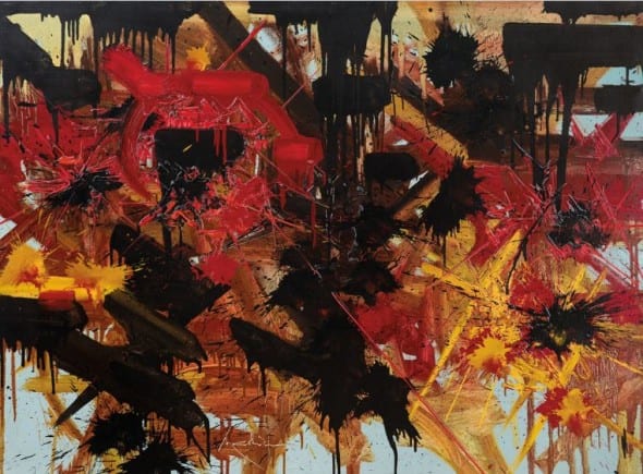 100 GEORGES MATHIEU Boulogne sur Mer 1921 - Boulogne-Bilancourt 12/06/2012  		  Immagine Opera	 Larmes Folles, (1990) acrilico su tela cm. 97x130, firma in basso a sinistra, titolo al retro, dichiarazione d'autenticità del Signor Jean-Marie Cusinberche su foto. Stima €	 105.000/120.000	   Base d’Asta €	 60.000	  