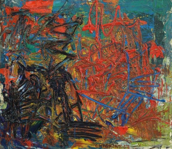 Lotto 85 ALFREDO CHIGHINE Milano 09/03/1914 - Pisa 16/07/1974  		  Immagine Opera	 Tramonto, 1957 olio su tela cm. 63x70, firma e anno in basso al centro, titolo e anno al retro, opera registrata presso l'Archivio del Catalogo Ragionato delle Opere di Alfredo Chighine al n° 89/11 come da dichiarazione del Comitato Scientifico Alfredo Chighine su foto. Stima €	 23.000/26.000	   Base d’Asta €	 13.000