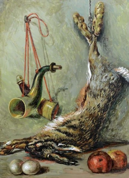 Lotto 230 GIORGIO DE CHIRICO Volo (Grecia) 10/07/1888 - Roma 20/11/1978 		 		  Immagine Opera	 Vita silente con lepre e corni da caccia (Natura morta con lepre), (1958) olio su tela cm. 70x50, firma in alto a sinistra, firma e titolo al retro, dichiarazione d'autenticità dell'artista datata 1 novembre 1958 su foto, dichiarazione d'autenticità di Claudio Bruni Sakraischik su foto. Bibliografia: -"Giorgio De Chirico, Catalogo Generale, Opere dal 1951 al 1974", volume settimo, Electa Editrice. Stima €	 105.000/120.000	   Base d’Asta €	 60.000	  