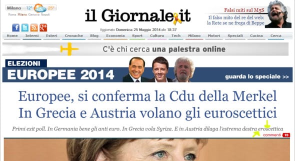 La Home Page del ilgiornale.it in cui per un po' di tempo è apparso nel sottotitolo il refuso "eroscettici" anziché "euroscettici"