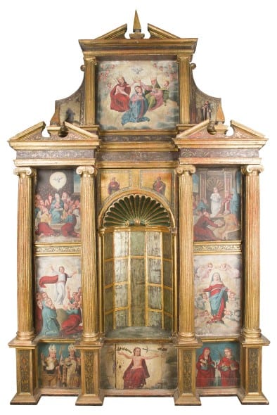 LOT 27  An spanisch altarpiece on sculpted, polychromed and gilded wood, with oil paintings on wood. 16th Century.  Size: 360 x 217 x 58 cm.Starting price: 9.000 euros