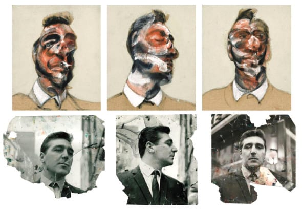 Top: Francis Bacon, Three Studies for Portrait of George Dyer (on light ground), 1964, est: £15-20m* Bottom: Photographs of George Dyer: John Deakin