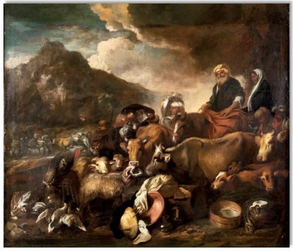 Giovanni Benedetto Castiglione, detto il Grechetto (Genova, 1609 – Mantova, 1664) Viaggio di Abramo verso Canaan Olio su tela, cm 149 x 174 (piccole giunte posteriori in alto e in basso; misura senza giunte h. cm 131,5) STIMA € 50.000/55.000