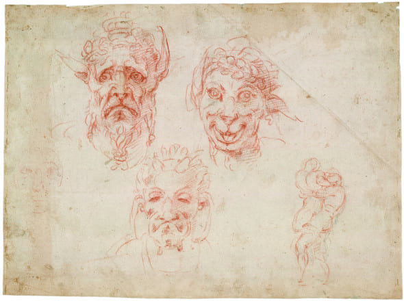 Michelangelo Teste grottesche 1525 circa Pietra rossa, su carta; mm 254 x 348 Londra, British Museum, Department of Prints and Drawings, inv. 1859,0625.557