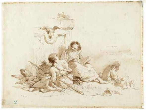 LOTTO 436 Attribuito a Giambattista Tiepolo (1696-1770) “Figura orientale che legge con due figure” inchiostro bruno e acquerello bruno cm 24,6x32,6 provenienza: collezione Edward e Mary Brandegee, Lugt n. 1860c € 4.000/4.500