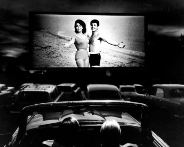 Annette Funicello and Frankie Avalon in a scene from Beach Blanket Bingo, shown at a drive-in movie theater in Florida, 1965