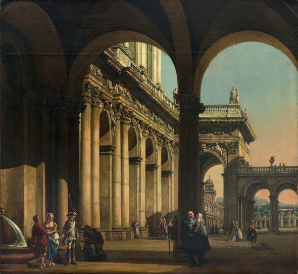 Galleria Lampronti - Bernardo Bellotto (1721-1780) - Capriccio architettonico, olio su tela, 115x107 cm