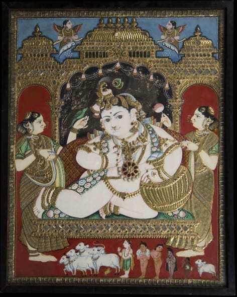  Fine Indian Works of Art  19 luglio 2014 dalle 16:00 Lotto N° 551 Figura devozionale di Krishna India meridionale, Tamil Nadu, Tanjavur, XIX secolo Smalti ed applicazioni di vetro su legno
