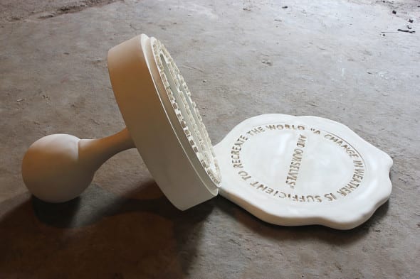 Reena Saini Kallat‚ Untitledʼ (rubberstamp), 2012, sculpture. Ivry duco paint on FRP..96.2 x 190.5 x 88.90 cm..Courtesy: the artist and Chemould Prescott Road, Mumbai