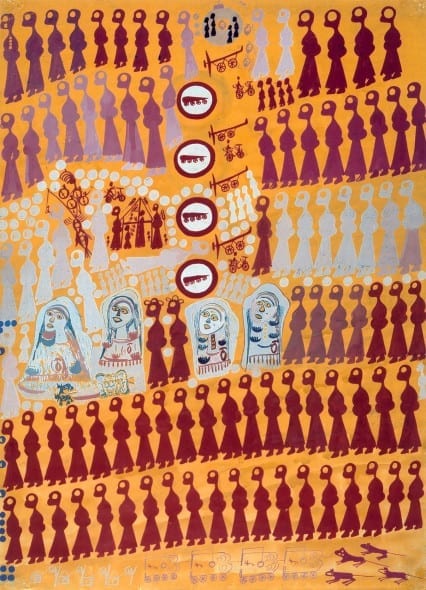 C.Zinelli_Quattro figure femminili e serie di pretini su fondo gillo_1964_tempra su carta_cm70x50