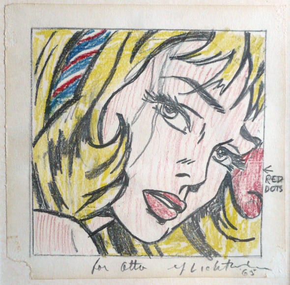 Drawing for Girl with Hair Ribbon  1965  Graphite pencil and colored pencil on paper  14.3 x 14.6 cm   Collection André Bromberg  © Estate of Roy Lichtenstein / SIAE 2014