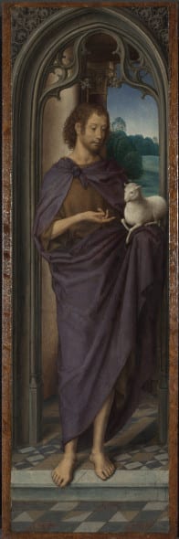 Hans Memling Trittico Pagagnotti 1480 circa San Giovanni Battista (scomparto sinistro); San Lorenzo (scomparto destro); Gru (verso) Olio su tavola, 57,5 x 17,3 cm; 57,5 x 17,1 cm Londra, The National Gallery 