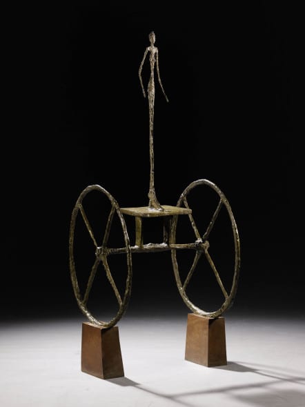 Property of a Distinguished Private Collector Alberto Giacometti Chariot Inscribed with the signature A. Giacometti, with foundry mark Alexis Rudier Fondeur Paris and numbered 2/6 Painted bronze on wooden base Height: 57 in.; 144.7 cm Conceived in 1950 and cast in 1951-52 Estimate in excess of $100 million