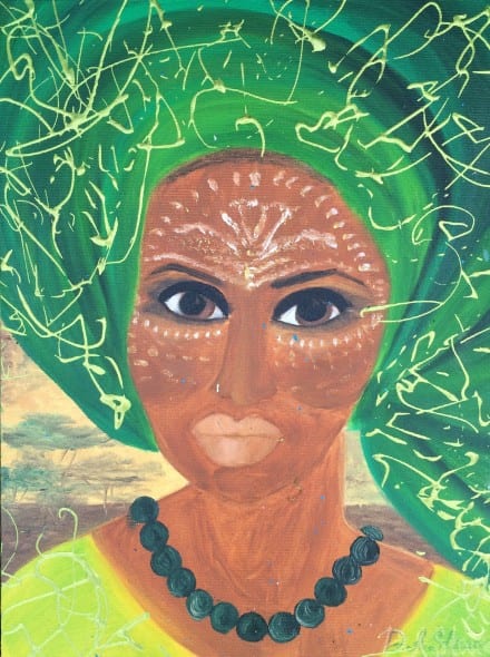 Diana Avgusta Stauer. Ethnic Princess and Vortex of Life. Oil on Canvas. 50x60cm. Portrait from "African Tales" theme collection.  The artwork is appearing in the book of poetry and art "Indian Sunrise". Milan, 2013.