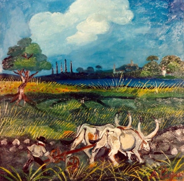 Antonio Ligabue,  Aratura con buoi 2,  olio su tela, cm 46x44,  Collezione Banca Popolare di Bergamo   
