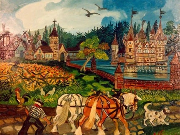 Antonio Ligabue  Ritorno dai campi con castello, 1950-55,  olio su faesite, 77 x 93 cm., Collezione Banca Popolare di Bergamo    