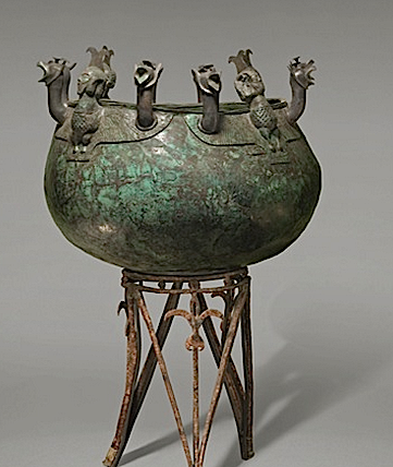 Cauldron with griffin and siren attachments, ca. 8th–7th century B.C. Bronze. Cyprus, Salamis, Tomb 79. Department of Antiquities, Cyprus