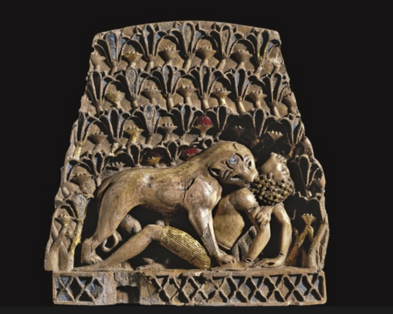 Furniture fitting, ca. 9th–8th century B.C. Ivory, carnelian, lapis lazuli, gold. Assyria, Nimrud, Northwest Palace. British Museum, Middle East, 1954,0508.1, BM 127412, ND2548