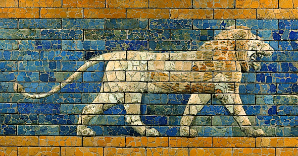 Lion relief, 604–562 B.C.  Glazed brick. Babylonia, Babylon, Processional Way. Vorderasiatisches Museum, Berlin, VA Bab 4376