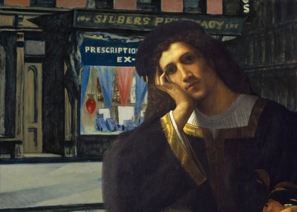 Ritratto di Giorgione pensoso di fronte alla Farmacia di Hopper. Foto editing: Vanessa Suozzo