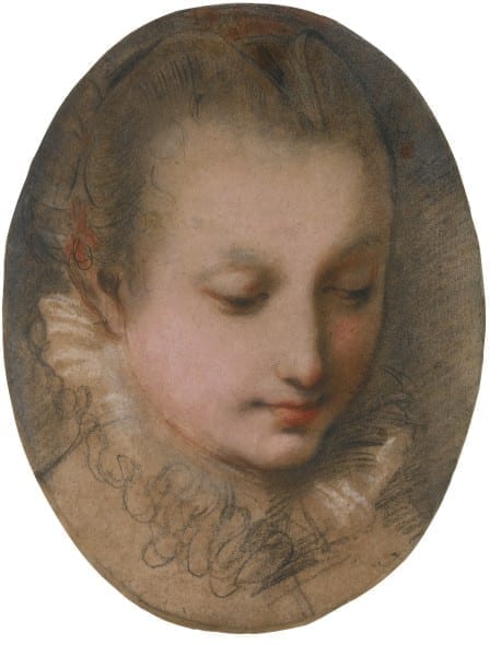 FEDERICO BAROCCI STUDY OF THE HEAD OF A YOUNG LADY LOOKING DOWN Estimate 50,000 — 70,000 USD LOT SOLD. 221,000 USD (Hammer Price with Buyer's Premium)