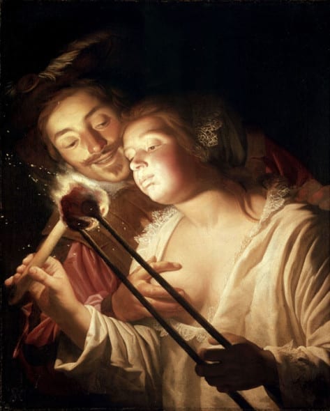 Gerard von Honthorst - Girl Blowing on Coal, Embraced by Her Lover