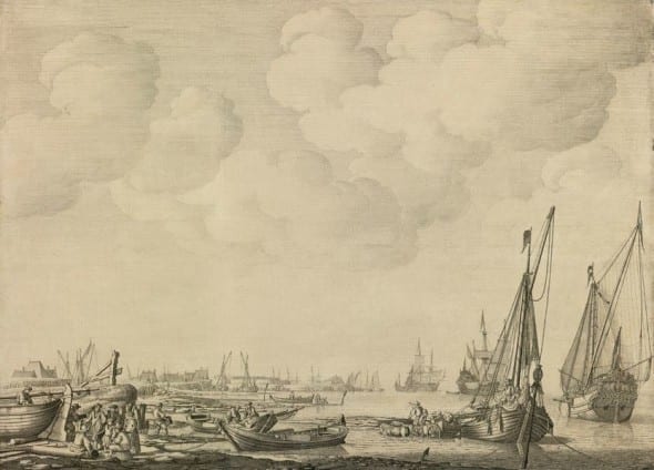 WILLEM VAN DE VELDE THE ELDER DUTCH HARBOR IN A CALM WITH SMALL VESSELS INSHORE AND BEACHED AMONG FISHERMEN, A KAAG AT ANCHOR, A STATES YACHT AND MEN O'WAR OFFSHORE:  A "PENSCHILDERIJ" Estimate  2,000,000 — 3,000,000  USD  LOT SOLD. 5,429,000 USD 