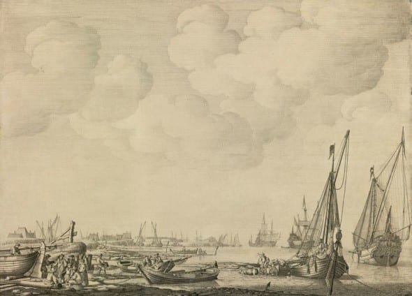 WILLEM VAN DE VELDE THE ELDER DUTCH HARBOR IN A CALM WITH SMALL VESSELS INSHORE AND BEACHED AMONG FISHERMEN, A KAAG AT ANCHOR, A STATES YACHT AND MEN O'WAR OFFSHORE: A "PENSCHILDERIJ" Estimate 2,000,000 — 3,000,000 USD LOT SOLD. 5,429,000 USD
