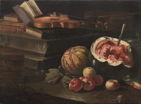 Cristoforo Munari (Reggio Emilia, 1667 - Pisa, 1720) Natura morta con violino, libro e frutta Olio su tela, 113 x 86 cm MORETTI FINE ART – Firenze, Londra, New York