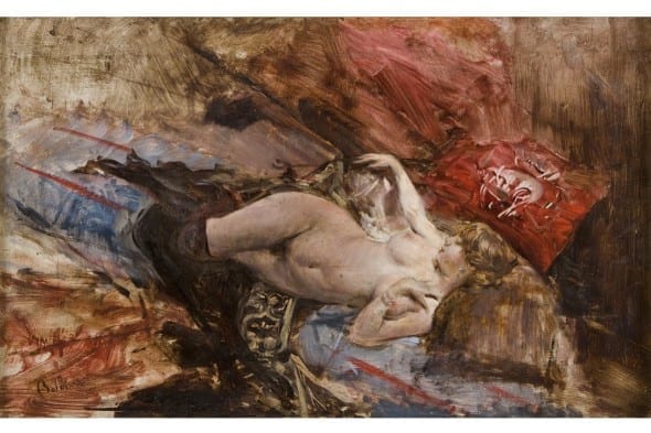 Giovanni Boldini (Ferrara 1842 – Parigi 1931) Nudo di donna con calze nere, c. 1885 olio su tavola cm 33 x 55 BOTTEGANTICA SRL – Bologna, Milano