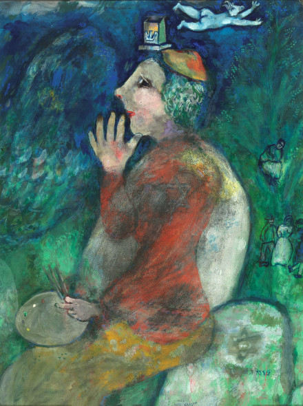 Marc-Chagall, Self portrait with Tefillin, 1928, watercolour, pastel and gouache on paper glued on cardboard. Brussels, RoyalMuseums of Fine Arts of Belgium, inv. 11111. © RMFAB, BrusselsChagall®SABAM Belgium 2015 / photo: J. Geleyns / Roscan