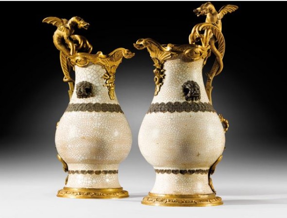 Pair of ormolu-mounted Chinese crackle-glaze celadon ewers, Louis XV, circa 1735-1745. Estimate: 400,000-600,000 EUR