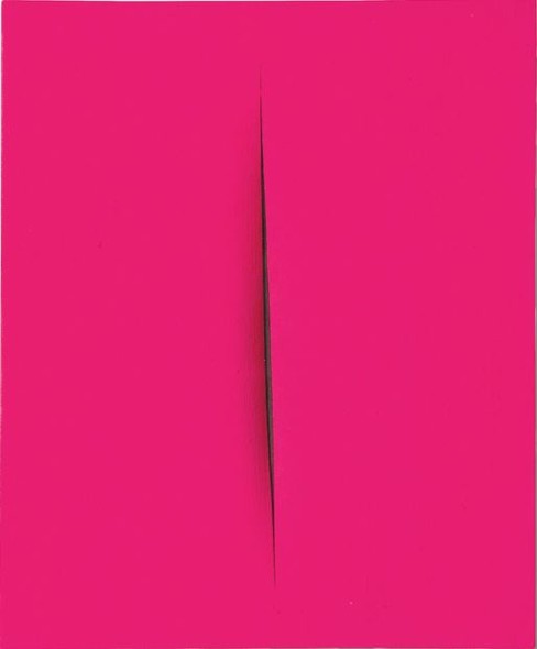 Lucio Fontana CONCETTO SPAZIALE, ATTESA SIGNED, TITLED, DEDICATED AND INSCRIBED ON THE REVERSE, WATERPAINT ON CANVAS. EXECUTED IN 1964 Estimate   500,000 — 700,000  EUR  LOT SOLD. 819,000 EUR 