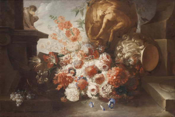 Andrea Belvedere (Napoli 1652 circa - 1732), Genova, 26 maggio 2015 ore 15.00,  Natura morta con fiori, uva, una scimmia e vasi, Olio su tela, cm 112 x 183.5, stima € 80.000 – 120.000 