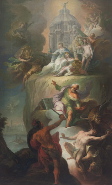 Joseph Adam Van Mölk (Vienna, 1718 – 1794) Allegoria di Papa Clemente XIII Olio su tela, cm 82 x 49 Stima € 15.000 – 18.000