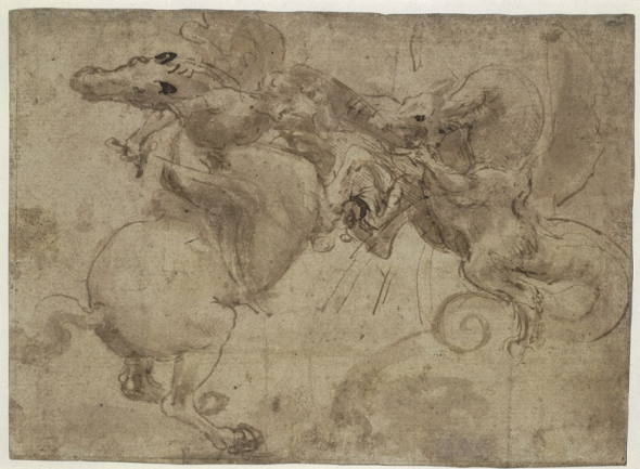 ЛЕОНАРДО ДА ВИНЧИ, бой дракона, о 1478-1480, перо, чернила и коричневая акварель; 138 x190 мм, Лондон, Британский музей, инв. 1952,1011.2