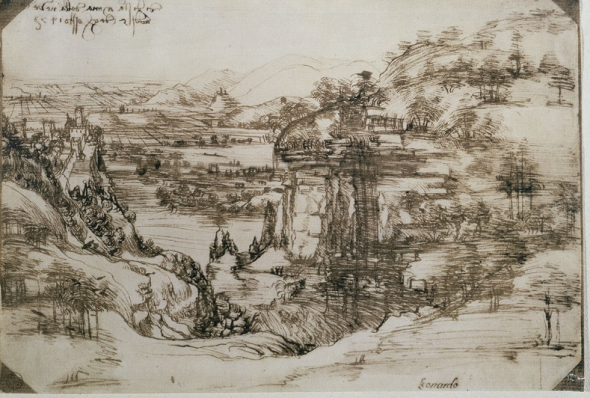 ЛЕОНАРДО 1452-1519 Милан Королевский дворец, Студия ландшафтного датированный 15 августа 1473 г. Перо, чернила; 190 х 285 мм, Флоренция Кабинет рисунков и гравюр при Уффици - Главное управление по Государственных музеях Флоренции, инв. E 436 (8 С), Алинари Архивы, Флоренция - Предоставлено Министерством наследия и культуры Италии.