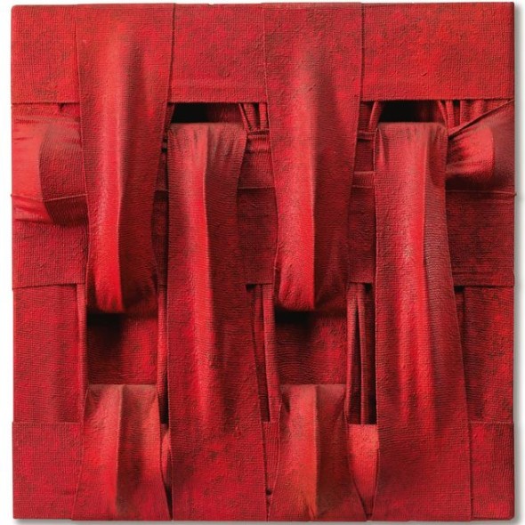 Salvatore Scarpitta RED LADDER N. 2 SIGNED, TITLED AND DATED 1960 ON THE REVERSE, BANDAGES, OIL AND RESIN ON PANEL Estimate  250,000 — 350,000  EUR  LOT SOLD. 675,000 EUR 