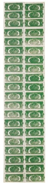 Lot 27 TO THE BEARER ON DEMAND: AN IMPORTANT PRIVATE EUROPEAN COLLECTION Andy Warhol TWO DOLLAR BILLS (BACK) (40 TWO DOLLAR BILLS IN GREEN)  Estimate   5,000,000 — 7,000,000  GBP Price Realized: £