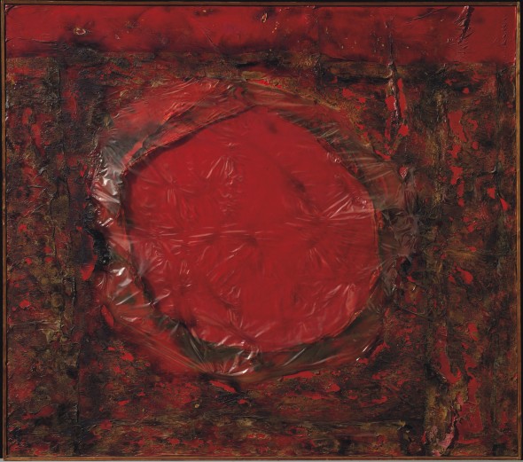 Alberto Burri (1915-1995) Rosso plastic M 1 signed, titled and dated 'ROSSO PLASTICA M.1 BURRI 61' (on the reverse) plastic, acrylic and combustion on canvas 46 x 521/4in. (117 x 133cm.) Executed in 1961 Stima: £2,000,000-3,000,000